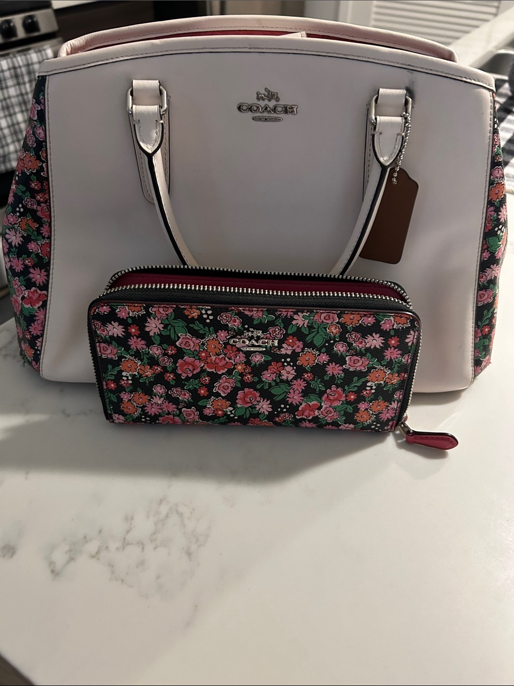 Coach Cream Satchel with Pink and Green Floral Panels